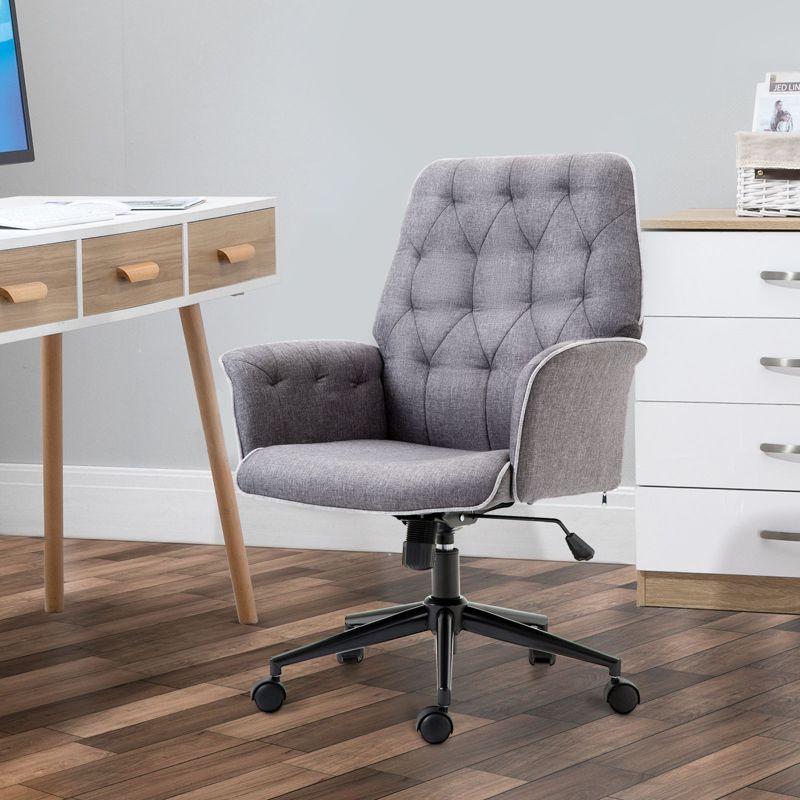 Vinsetto Modern Mid-Back Tufted Linen Home Office Desk Chair with Arms, Swivel Adjustable Task Chair, Upholstery Accent Chair with Soft Seat, Gray