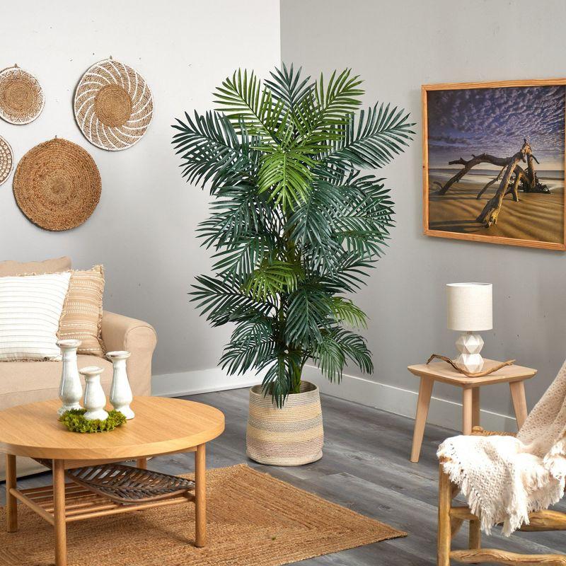 Nearly Natural 6.5-ft Golden Cane Artificial Palm Tree in Handmade Natural Cotton Multicolored Woven Planter