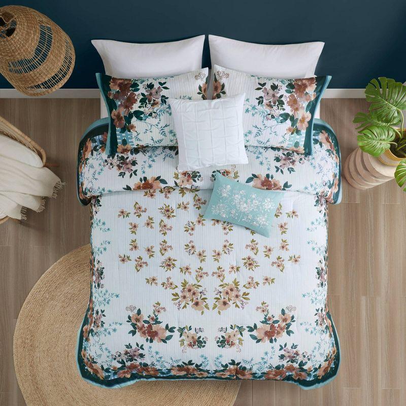 Gray Floral Cotton 5-Piece King Bedspread Set