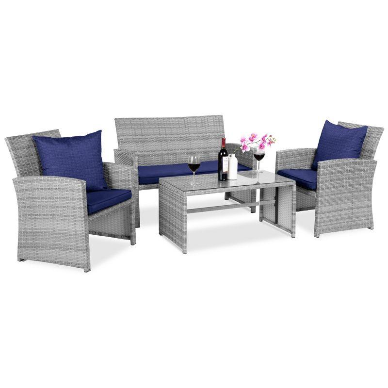 Gray Wicker 4-Piece Outdoor Patio Set with Navy Cushions