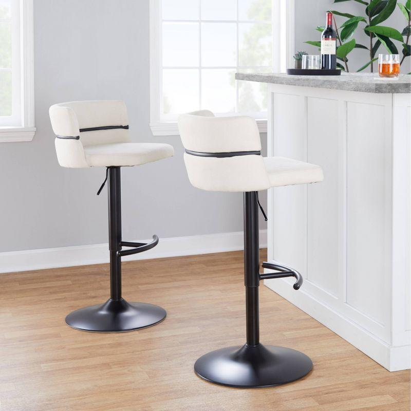 Set of 2 Adjustable Cream Fabric Swivel Barstools with Black Metal Base