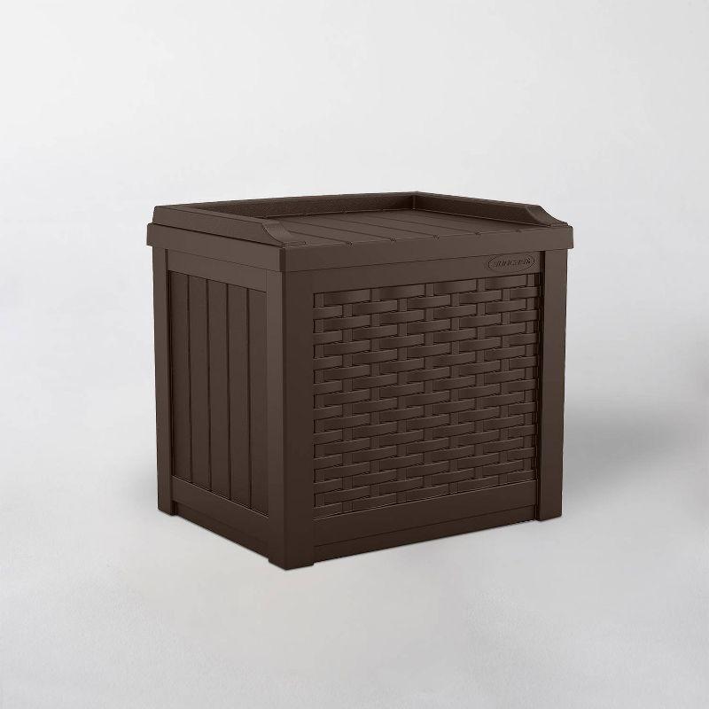 Suncast Suncast Wicker 22 Gallon Water Resistant Resin Deck Box with Storage Seat in Java
