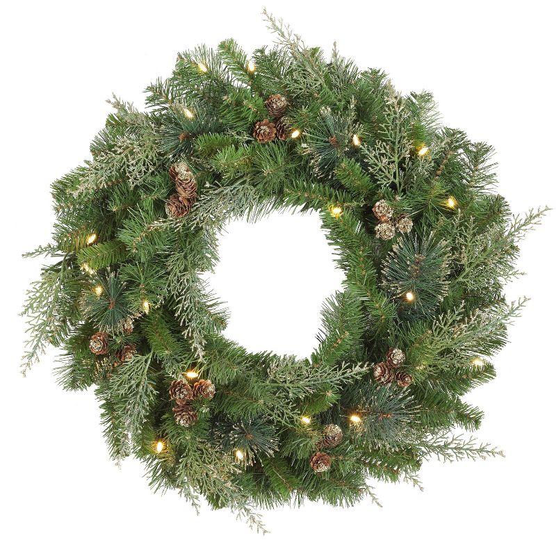 24 Inch Bergen Pine Wreath with Gold Accents and Soft White LED Lights on Auto Timer