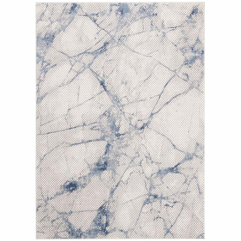 Ivory and Navy Abstract High Pile Area Rug 8' x 10'