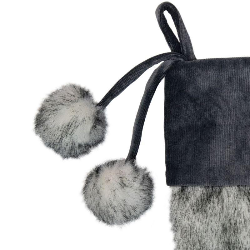 Gray Faux Fur Christmas Stocking with Corduroy Cuff and Pom Poms