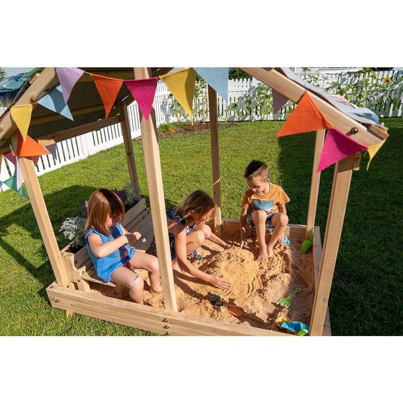 Funphix Dig n’ Play Wooden Sandbox Playhouse with Bench & Flower Planter, Outdoor Sand Pit for Kids