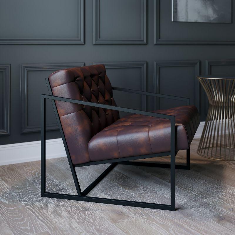 Merrick Lane Bomber Jacket Faux Leather Modern Lounge Chair With Tufted Seating and Black Metal Frame