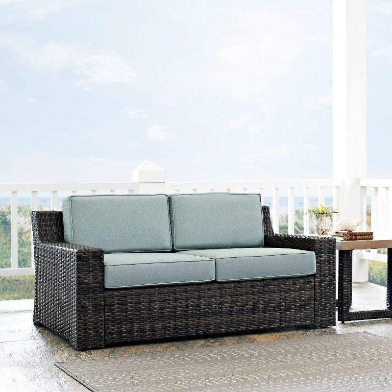 Beaufort Dark Brown Wicker Loveseat with Mist Cushions