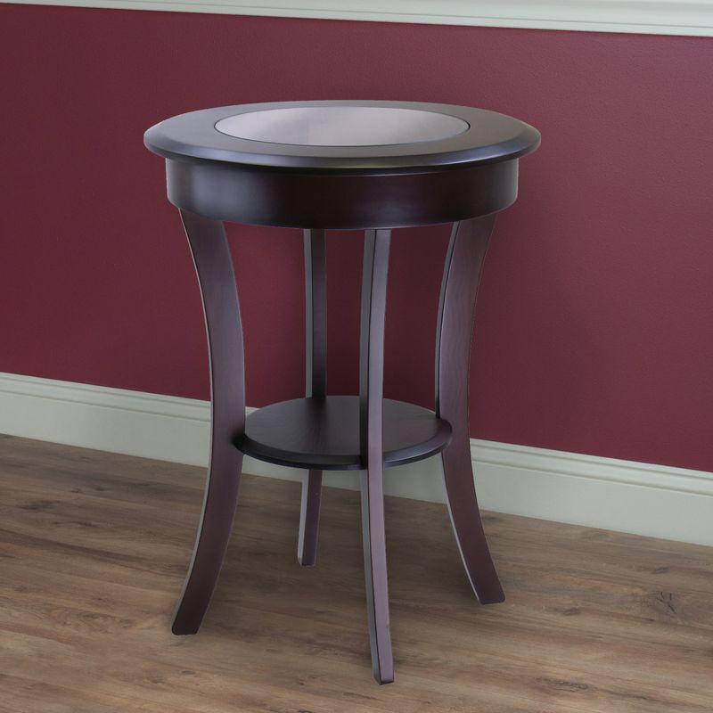 Cassie Round Accent Table with Glass - Cappuccino - Winsome: Flared Legs, Wood Composite Shelf, 27" Height