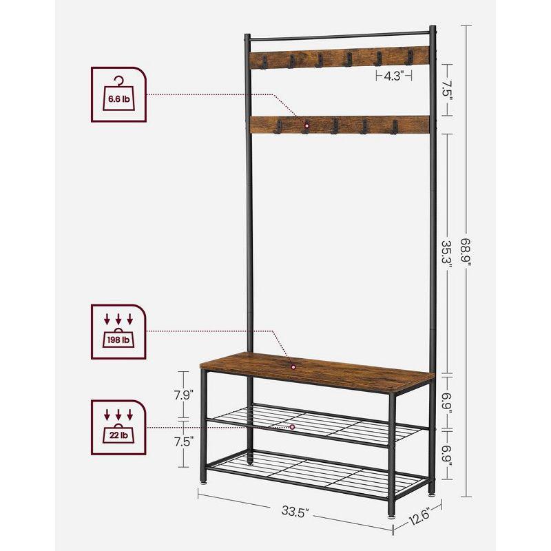 VASAGLE Hall Tree Entryway Coat Rack with Shoe Bench Rustic Walnut and Black