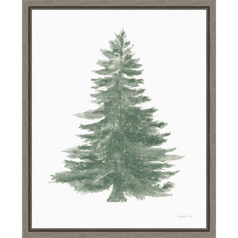 Holiday Tree Green and White Canvas Print with Gray Frame