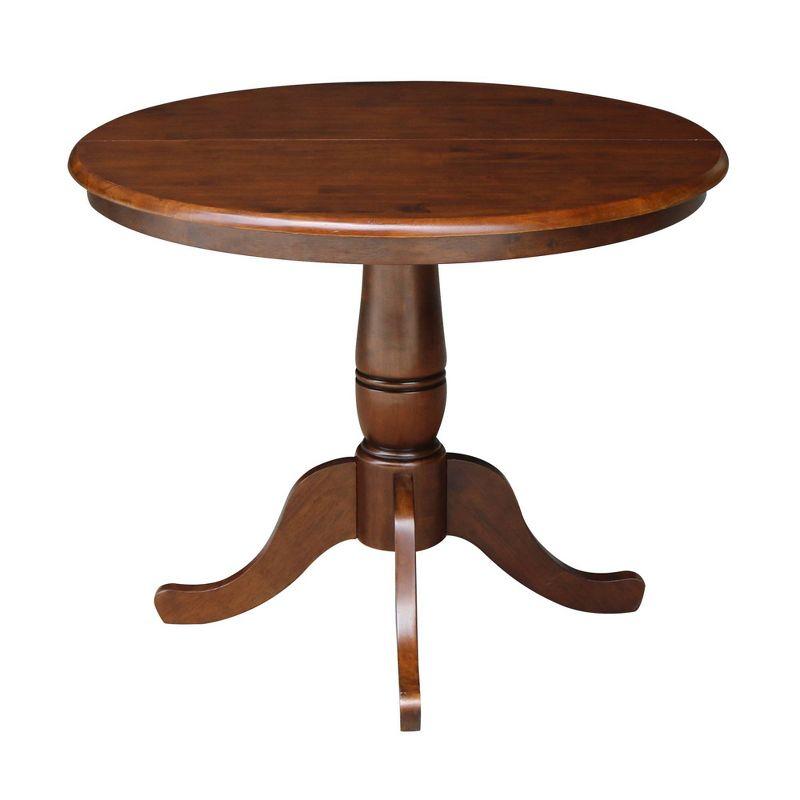 International Concepts Round Pedestal 36" Extendable Dining Table with 12" Drop Leaf: Mid-Century Style, Seats 4, Hardwood