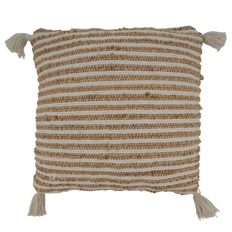 Beige and White Cotton Striped Tassel Pillow Cover