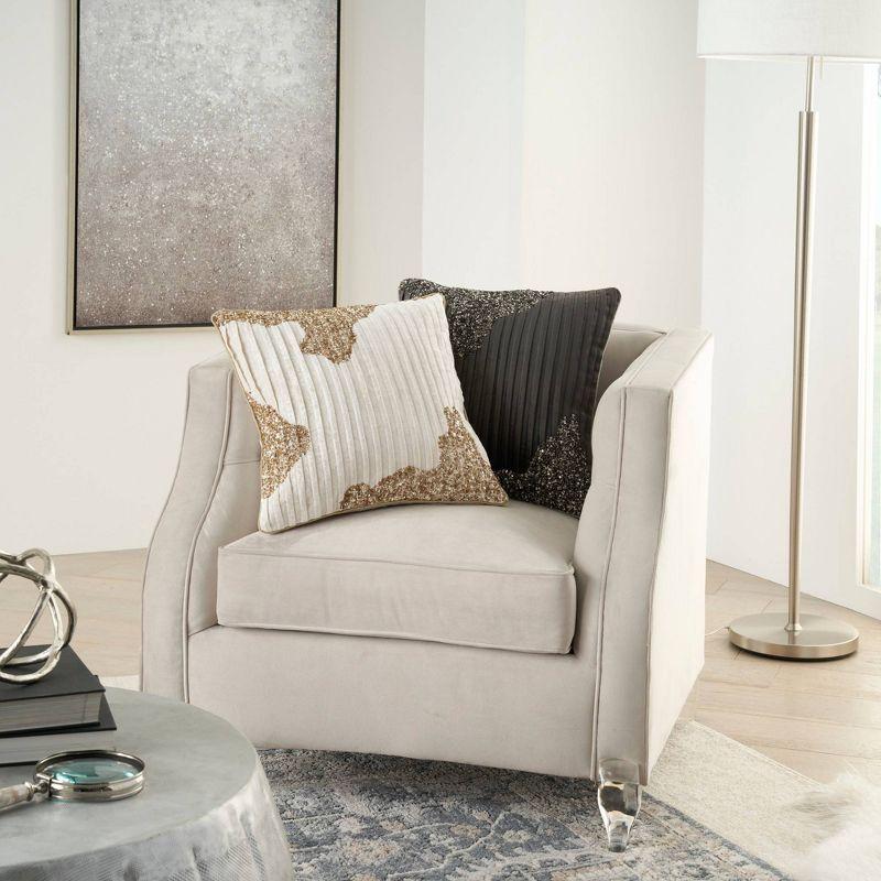 Mina Victory 18"x18" Sofia Beaded Pleated Velvet Square Throw Pillow Ivory/Gold: Bohemian Stripe, Removable Cover, Indoor Use