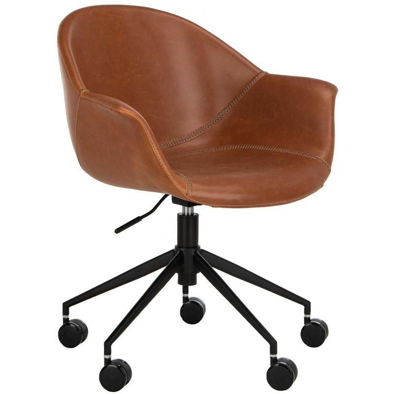 Transitional Ember Swivel Task Chair in Light Brown Leather and Black Wood