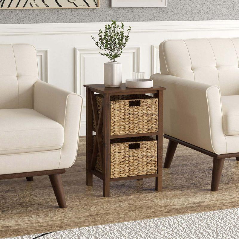 Costway 2 PCS 2-Tier Nightstand with 2 Seagrass Baskets Rubber Wood X-Shaped Frames 2 Drawers