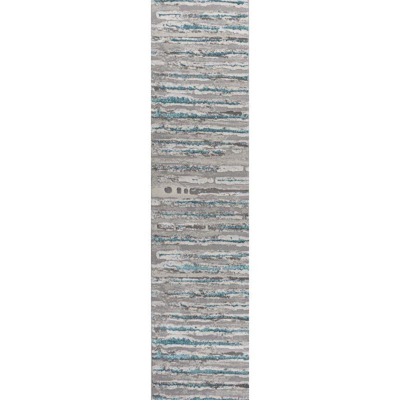 Gray and Turquoise Striped Synthetic Runner Rug