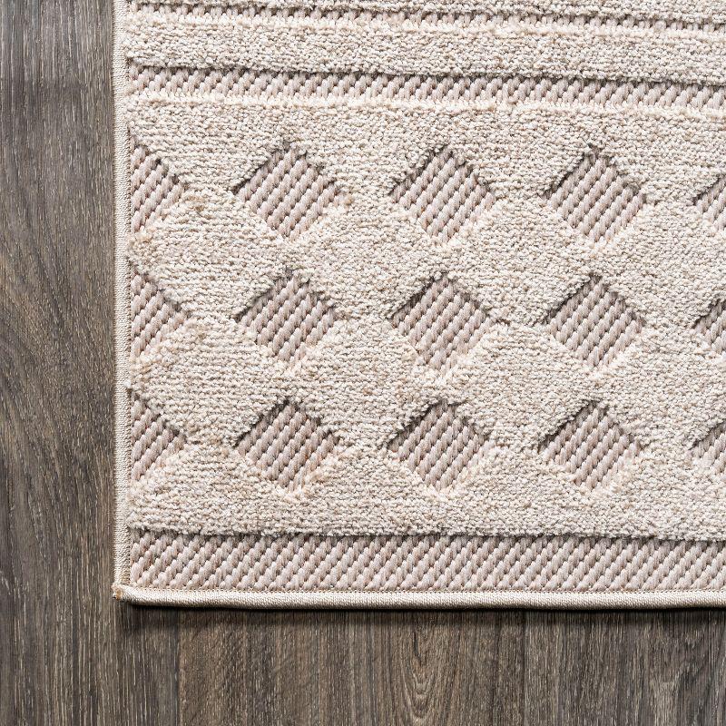 Ivory and Beige Geometric Synthetic Indoor/Outdoor Runner Rug