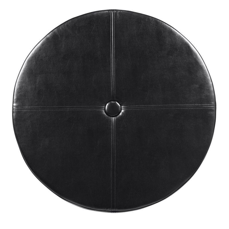 Winston Large Round Button Top Storage Ottoman Faux Leather Black - HomePop