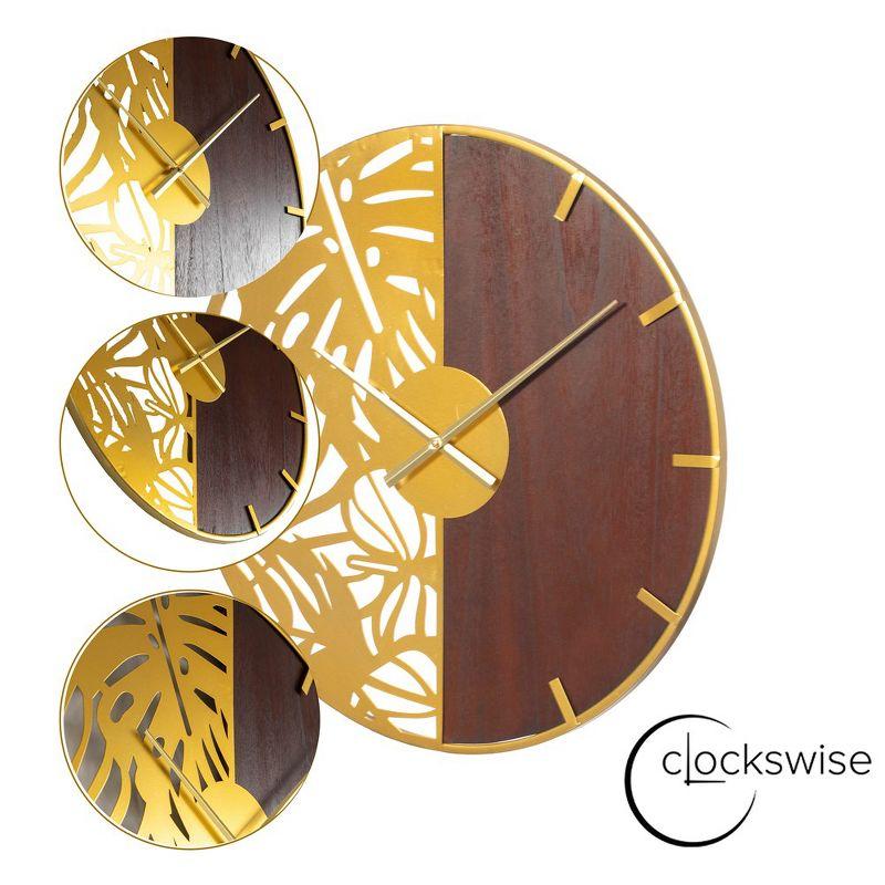 Clockswise 23.6” Round Big Wall Clock, brown wood and gold Metal with Leaf Cutout for Entryway Office Living Room or Kitchen, Hanging Supplies Include
