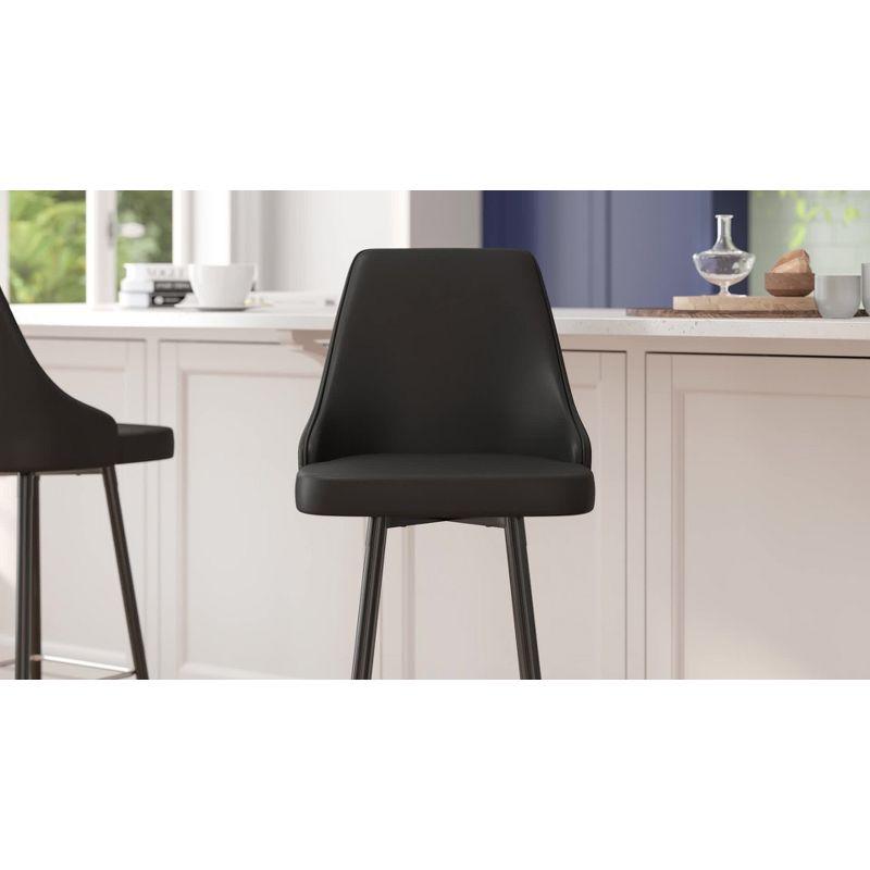 Emma and Oliver Set of Two Modern Bar Height Black Faux Leather Upholstered Dining Stools with Chrome Accented Metal Frames and Footrests