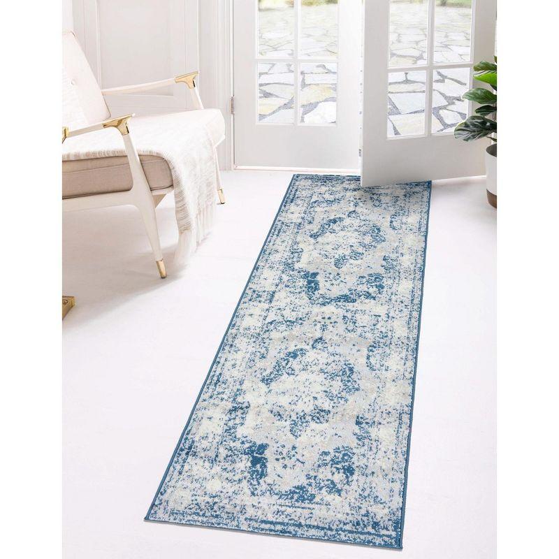 Salle Garnier Blue and Ivory Low Pile Runner Rug