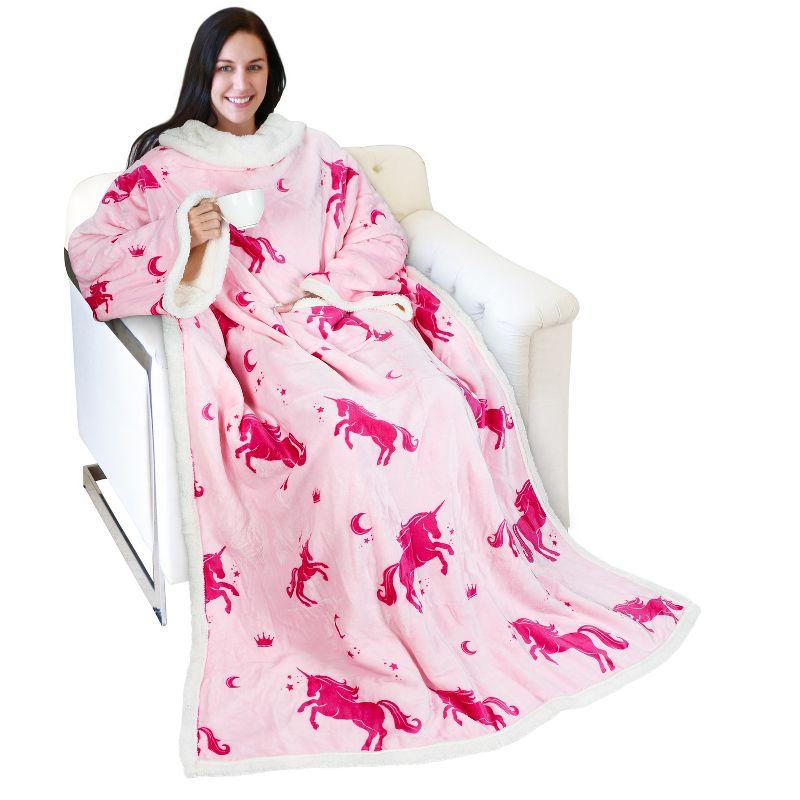 Pink Unicorn Fleece Sherpa Hooded Wearable Blanket