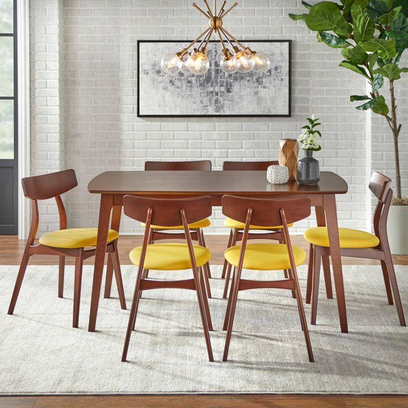 7pc Archer Rectangular Dining Set Walnut/Yellow - Buylateral: Mid-Century Modern, Polyester Upholstery, Wood Frame
