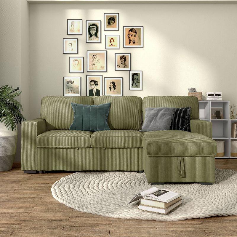 HOMES: Inside + Out Paeke Sleeper Sectional Sofa Corduroy with Storage Chaise and Reversible Green