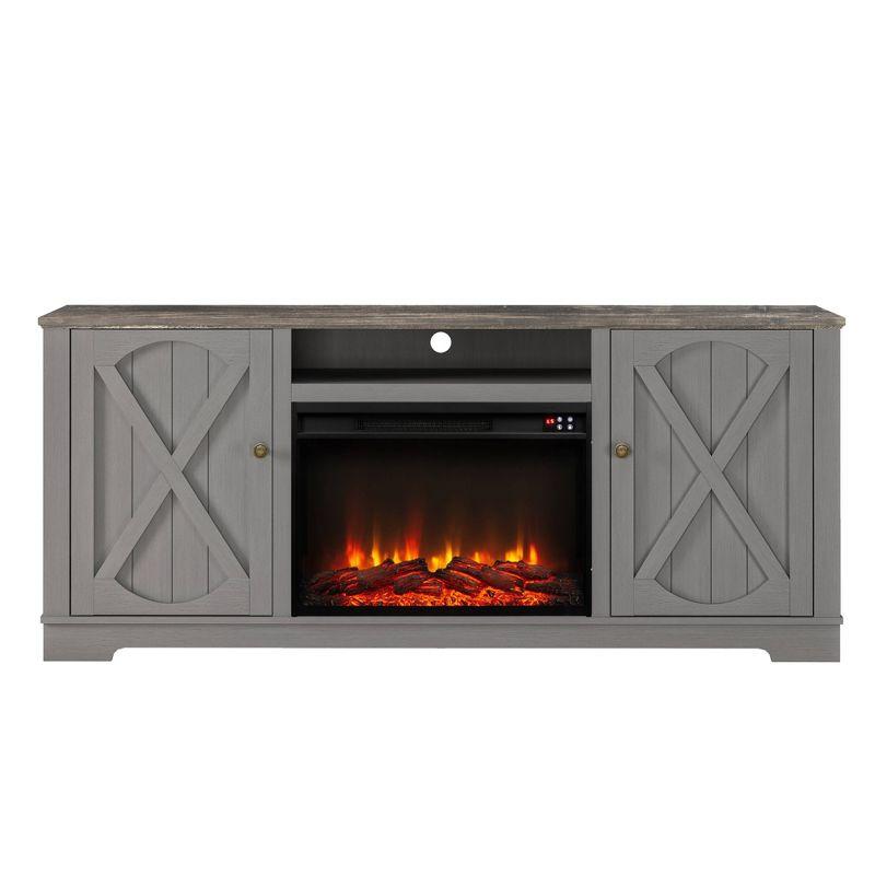 Gray Farmhouse TV Stand with Fireplace and Storage Cabinets