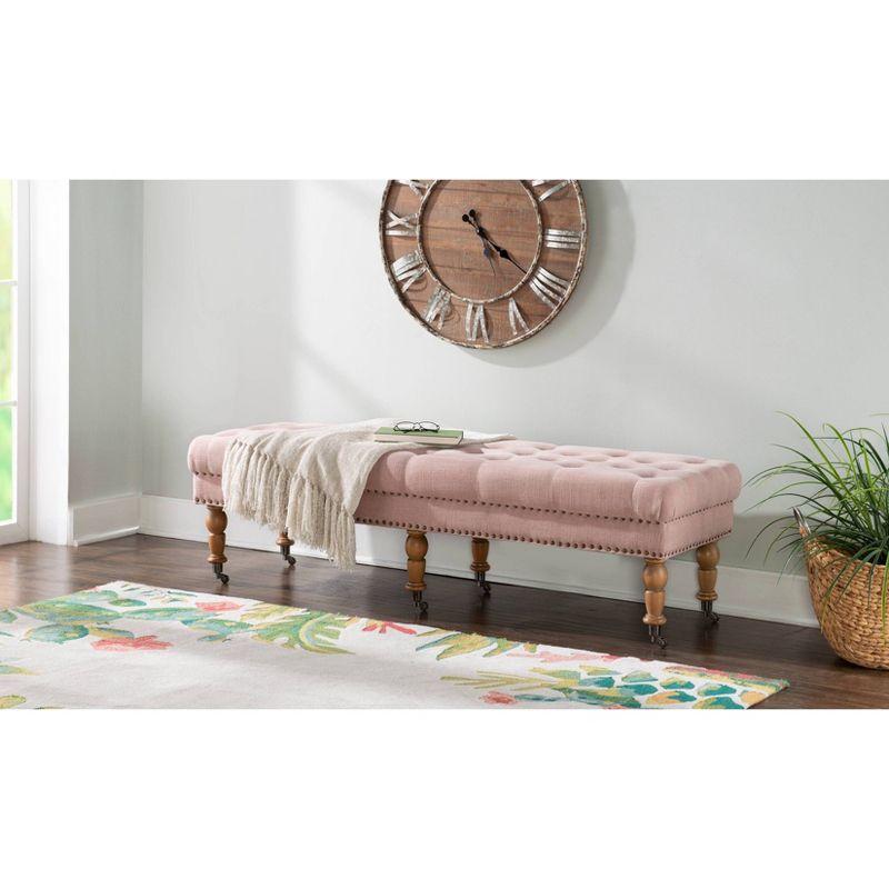 62" Isabelle Traditional Linen Tufted Upholstered Nailhead Wheeled Bench Pink - Linon: Elegant Ottoman, Bedroom Furniture