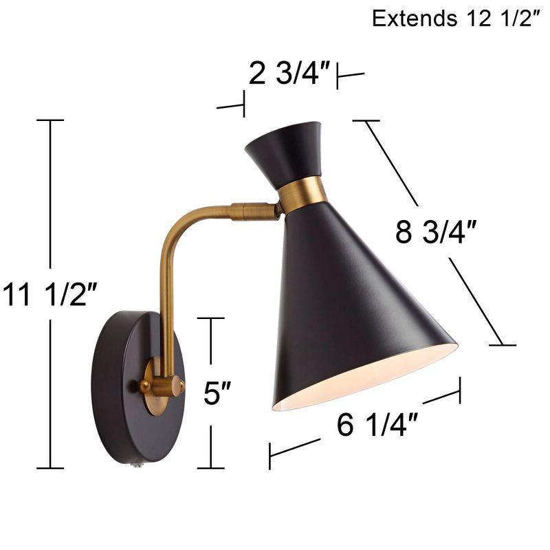 360 Lighting Venice Mid Century Modern Wall Lamps Set of 2 Matte Black Brass Plug-in 6 1/4" Light Fixture Cone Shade for Bedroom Reading Living Room