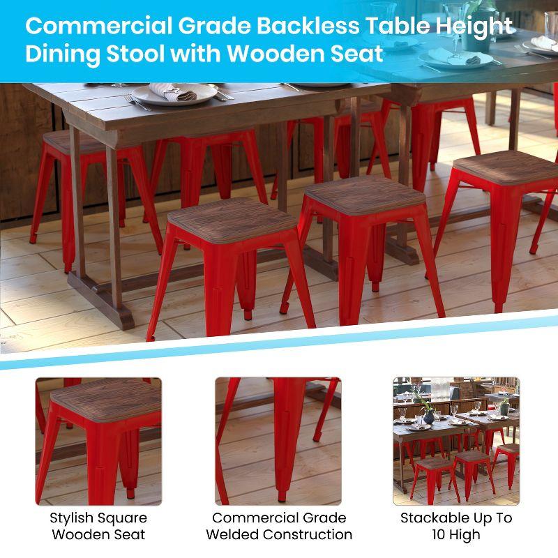 Flash Furniture 18" Backless Table Height Stool with Wooden Seat, Stackable Red Metal Indoor Dining Stool, Commercial Grade - Set of 4