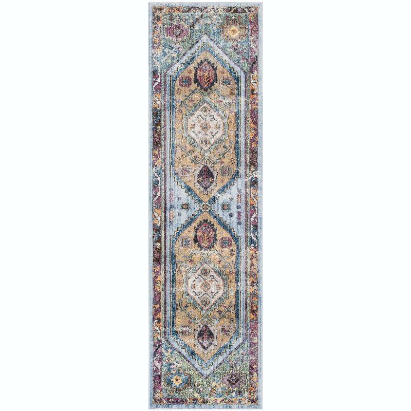 Blue and Camel Distressed Polyester Runner Rug, 2'3" x 6'