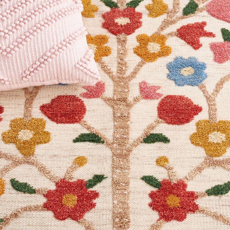 Ivory and Pink Hand-Knotted Wool Tribal Area Rug - 6' x 9'