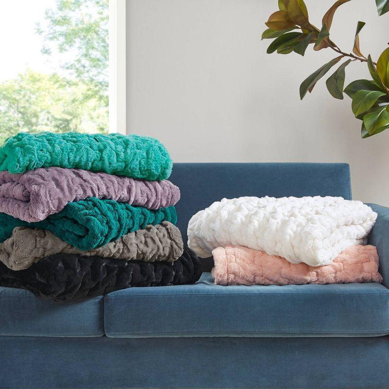Madison Park Aqua Ruched Fur Throw 50x60"