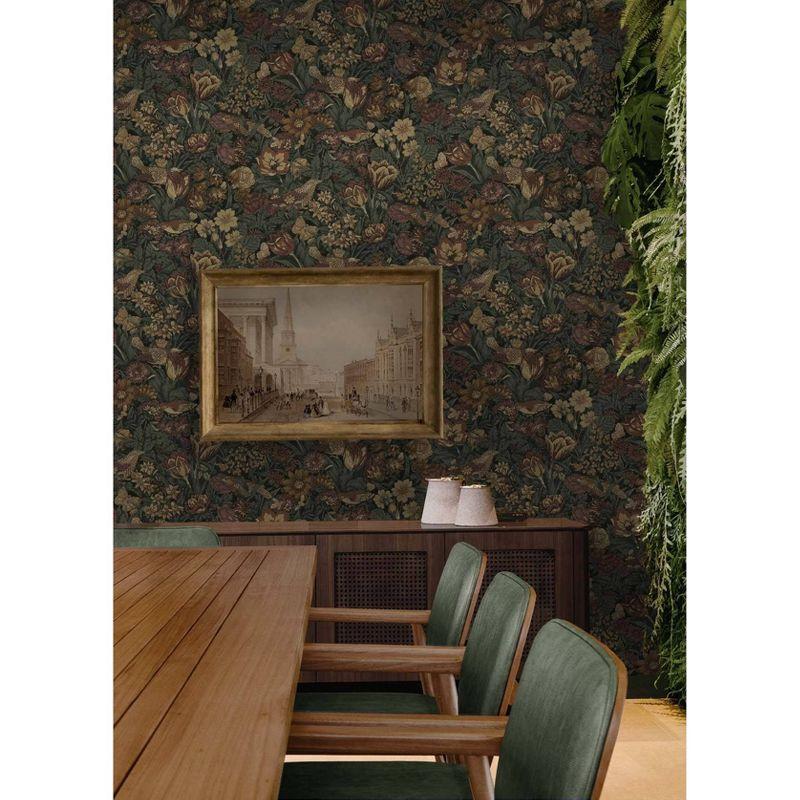 Mahogany and Graphite Bird Floral Peel and Stick Wallpaper