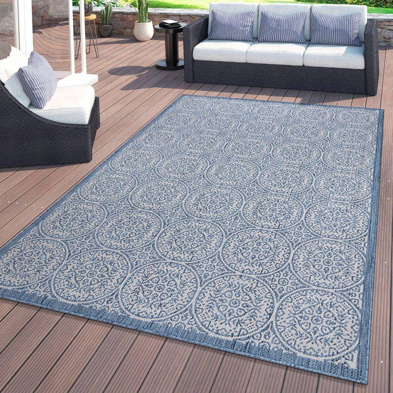 World Rug Gallery Transitional Floral Circles Textured Flat Weave Indoor/Outdoor Area Rug - BLUE 5' X 7'
