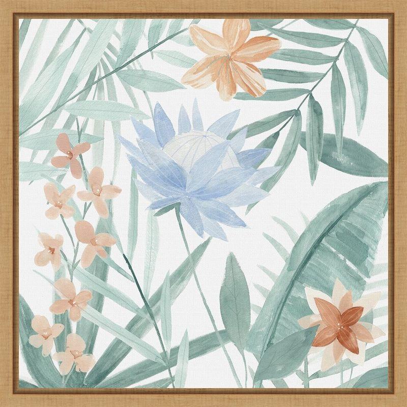 Tropical Palm and Blossoms Botanical Canvas Print in Wooden Frame