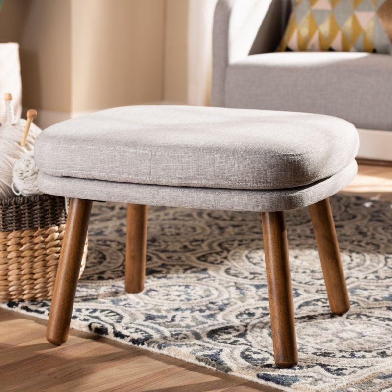 Mid-Century Modern Greyish Beige Fabric Ottoman with Walnut Legs