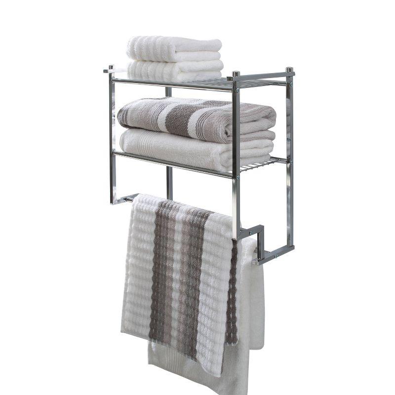 Two Tier Wall Mounting Rack with Towel Bar Silver - Organize It All: Chrome Bathroom Furniture, Storage Cabinet with 2 Shelves