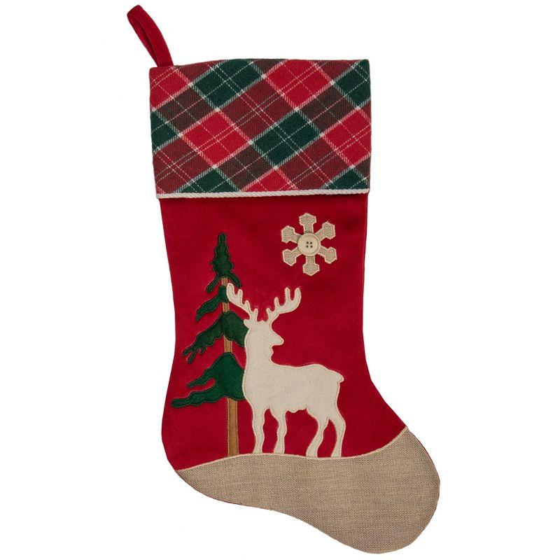 Red and Green Plaid Christmas Stocking with Moose and Pine Tree, 20.5"