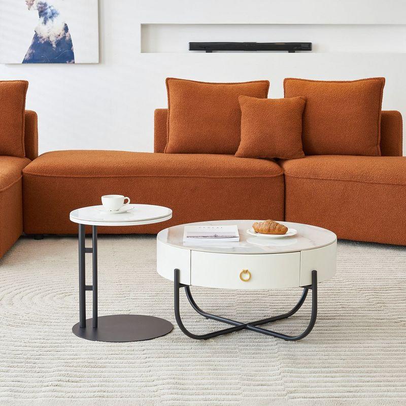 Round Marble Nesting Coffee Table Set with Storage and Metal Frame