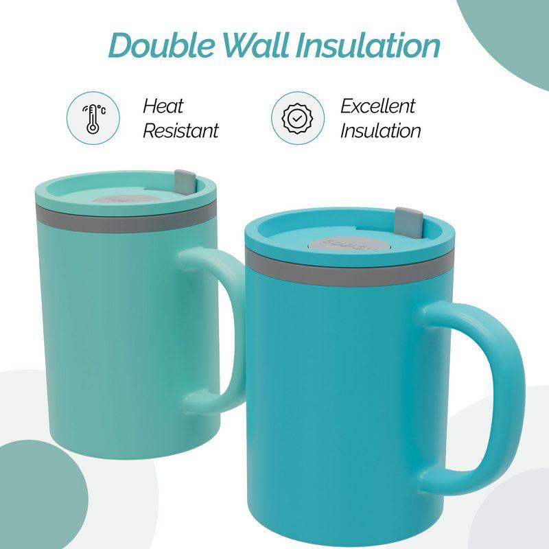 Copco Iconic 16oz Double Wall Insulated Desk Mug with Lid and Handle, Set of 2, BPA-Free Reusable Plastic, Spill-Proof, Wide Mouth (Aqua/Mint)