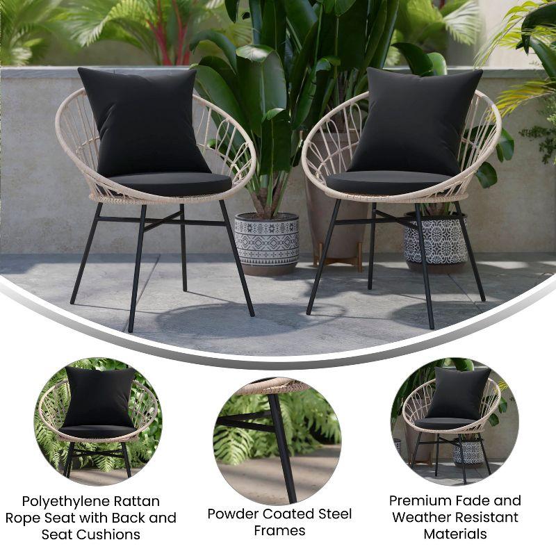 Flash Furniture Devon Set of 2 Indoor/Outdoor Modern Papasan Style Rattan Rope Patio Chairs, PE Rattan with Cushions