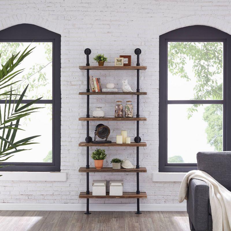 Modern Industrial 6-Tier Iron Pipe wall Mount Ladder Shelf Distressed Wood - Danya B.: Floating, Open Design, Laminated Surface