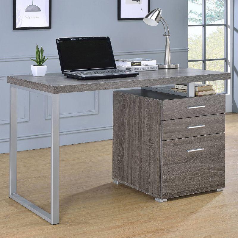 Weathered Gray Wood Office Desk with Filing Cabinet and Drawers