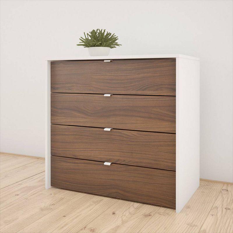 Modern White and Walnut 4-Drawer Chest with Sleek Metal Handles