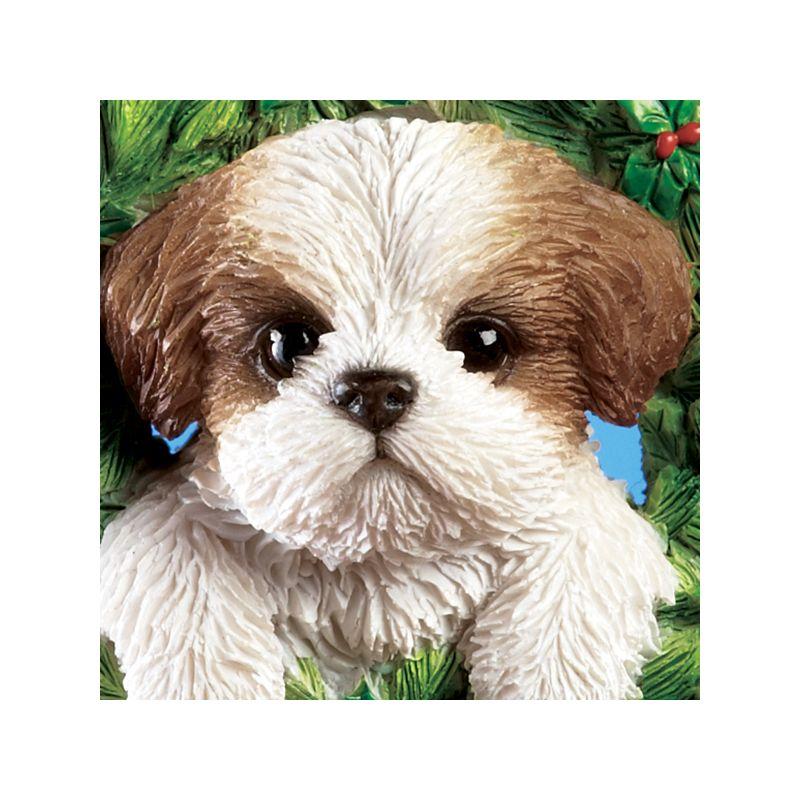 Collections Etc Hand Painted Pet-In-Wreath Hanging Christmas Tree Ornament Brown Shih Tzu