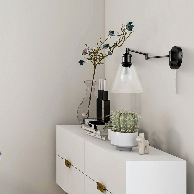 Globe Electric 10 Watt LED Plug In Wall Sconce Clear Glass Shade with 6 Foot Cord, Rotary On Off Switch on Canopy, and Hardware Kit, Dark Bronze